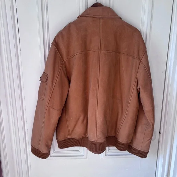 Roundtree & Yorke Tan Leather Lined Zip Front Bomber Jacket Thrashed Large - Picture 9 of 16